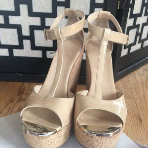 Jimmy Choo Nude "Pela" Cork and Patent Leather Wedge